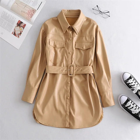 Women's high waist lace - up PU coat - ZenithZephyrShop